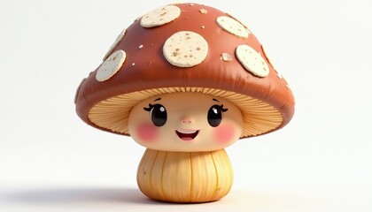 Naklejka premium Happy cartoon mushroom character with brown cap and white spots isolated on white. Cheerful fungal mascot smiles with pink cheeks. Whimsical forest entity for children stories and nature themes.