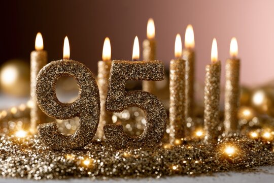 Sparkling golden birthday candles with glowing flames surrounding glittery number ninety-five decorations for festive celebration ambiance