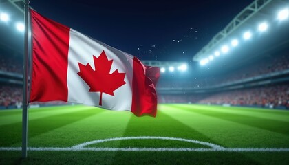 Naklejka premium Canadian flag flies on pole at night soccer stadium. Bright lights illuminate green grass pitch with white lines. Fans watch game from blurred stands.