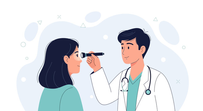 Ophthalmologist examining patient's eye with a penlight in a modern flat vector illustration style