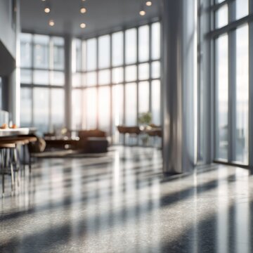 Spacious modern office lobby with floor-to-ceiling windows basking in natural sunlight and creating reflective shadows on polished flooring during daytime