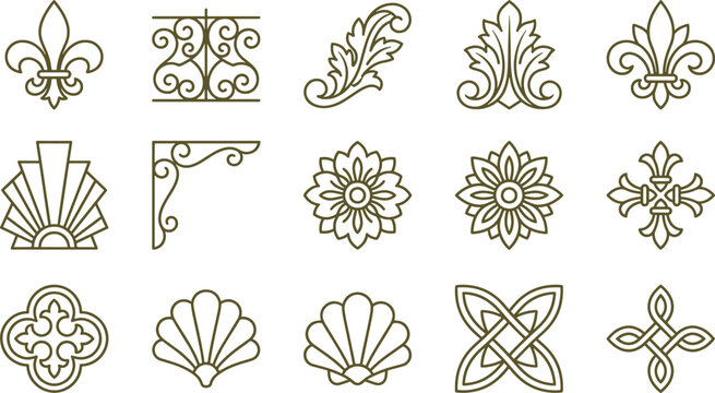 Assortment of vintage decorative featuring fleur-de-lis, floral patterns, corner flourishes, shells, and celtic knots in brown lines