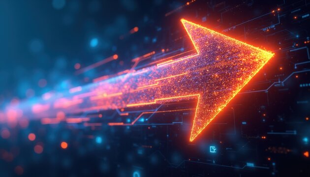 Glowing orange arrow digital art shows forward progress. Neon lines and dots create abstract motion suggesting data flow and business growth. Futuristic background with circuit board elements.