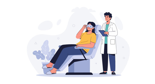 Ophthalmologist examining patient's eyes with special mask, doctor taking notes, modern vector illustration