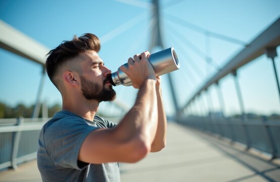 Man drinks water from metal bottle after workout. Athlete hydrates on bridge after exercise. Runner takes break, refreshes during outdoor run. Healthy lifestyle concept.