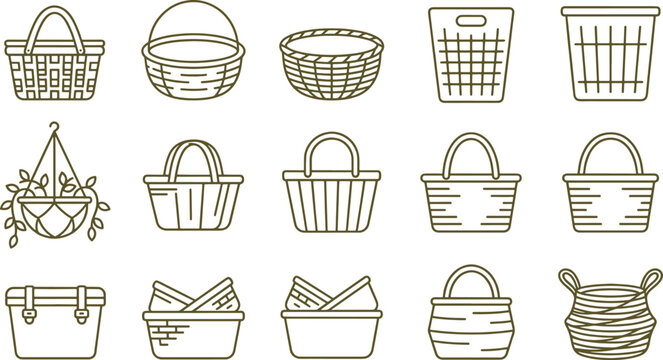 Set of diverse basket line including woven containers, hanging planters, laundry baskets, and picnic hampers for home organization