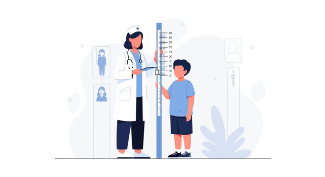 Pediatrician measures child's height using a stadiometer in a clinic, representing health check-up and growth monitoring.