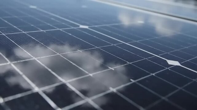 Close-up of a solar panel reflecting clouds and sky on its surface.