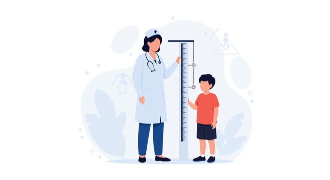 Pediatrician measures child's height with stadiometer, representing healthcare, growth, and child development in a modern flat vector style.