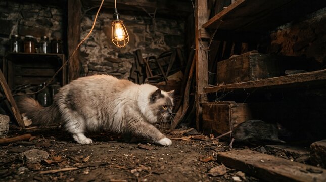 Cat Hunting a Rat in a Dark Cluttered Basement
