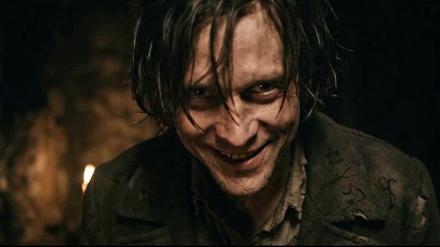 Eerie scene of a sinister looking man in dark underground cave setting