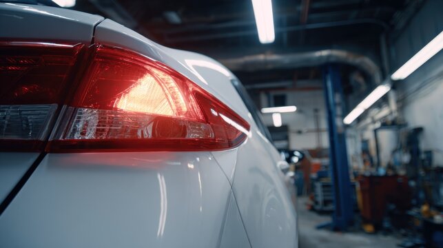 Rear brake light illuminating on a white car inside a brightly lit automotive repair shop with tools and equipment blurred in the background