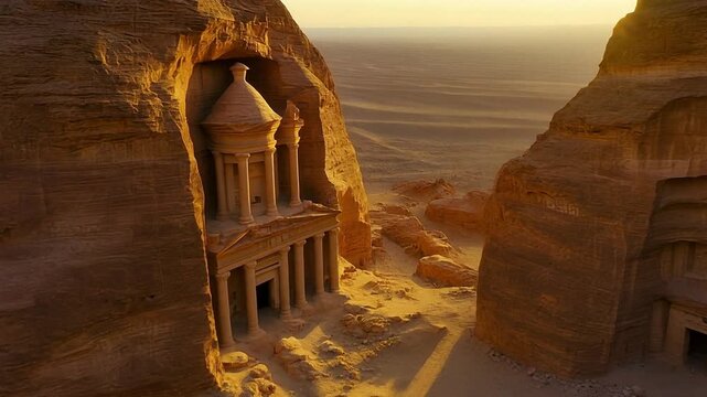 Hegra ancient desert tombs at golden sunset sweeping view