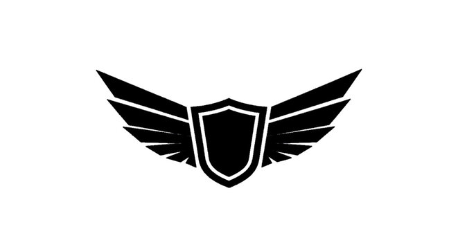 Minimal black silhouette icon, simple flat vector, bold black shape, no, no shading shield with wings icon on a, flat icon style