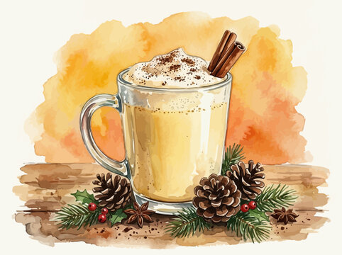 Festive Eggnog in a Glass Mug with Cinnamon Sticks and Holiday Decorations