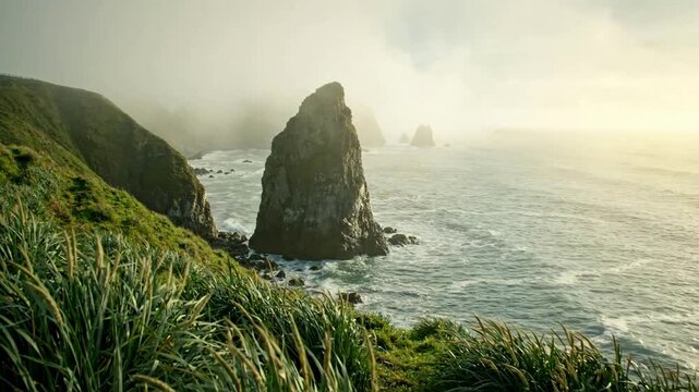 Coastal sea stack at sunrise with misty ocean waves and lush green cliffs