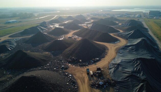 Aerial view of large landfill piles covered with black plastic sheets. Waste management site with trucks and roads. Environmental protection efforts seen from above.