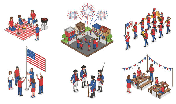 Isometric independence day vector collection. American holiday celebration with town fireworks, historical soldiers, flag hoisting, marching band and family barbecue.
