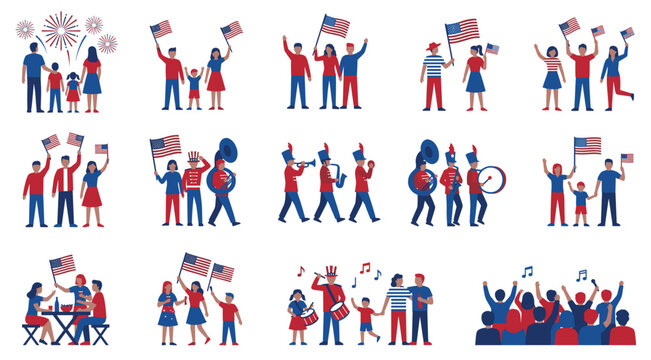 Flat independence day vector set of people celebrating. Family watching fireworks, crowd waving american flag and marching band playing music isolated on white.