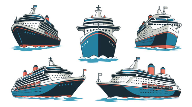 Five cruise ships sail across calm waters in various directions