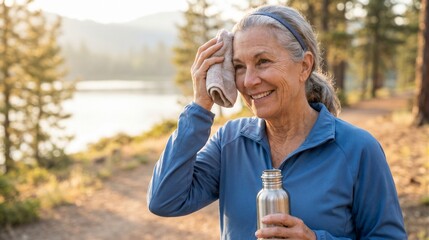 Fototapeta premium Active senior woman wiping sweat from her forehead with a towel after a hike in the woods near a lake during a sunny day