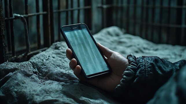 Person holding phone, dark cell, bars, hope, despair