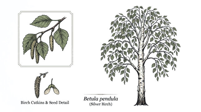 Vintage Birch Tree Engraving Vector Illustration Botanical Line Art