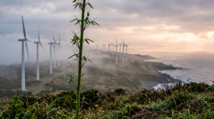 Obraz premium Wind turbines on a coastal cliff at sunset with a bamboo stalk in the foreground, symbolizing sustainable energy and nature harmony