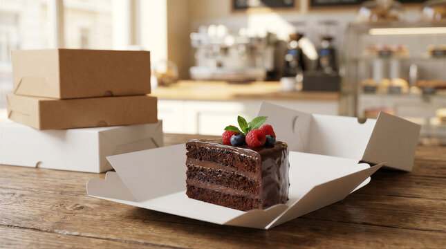 A delicious slice of chocolate cake topped with fresh raspberries, blueberries, and mint leaves served in a white paper box on a wooden table