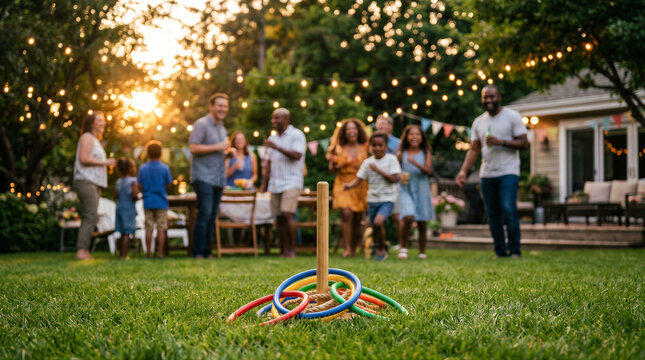 Happy multigenerational family and friends enjoying a backyard garden party at sunset, playing a ring toss game on the lawn
