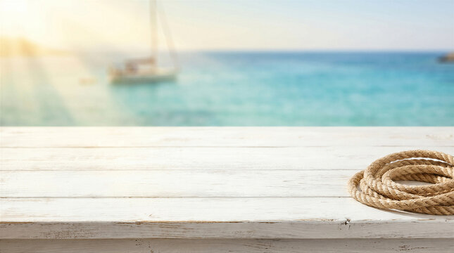 Empty wooden table with a rope on the right side, overlooking a blurred sea with a sailboat in the background at sunset