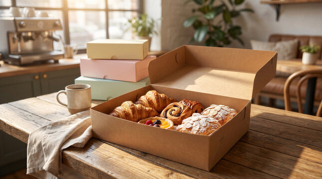 Assorted fresh pastries in a cardboard box on a rustic wooden table in a cozy cafe setting with coffee and stacked boxes