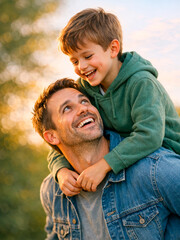 Fototapeta premium Father and Son Smiling Together Outdoors at Sunset