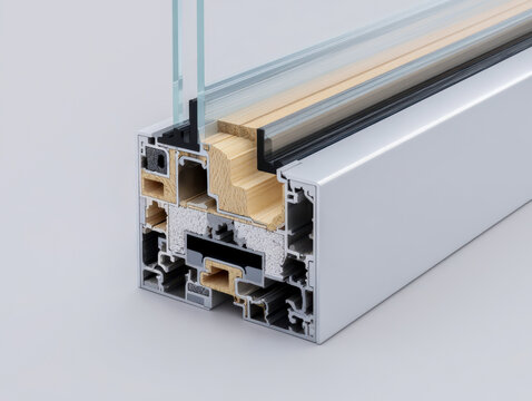 Detailed cross-section of modern aluminum and wood composite window frame showcasing insulation layers and dual glass panel construction for energy efficiency