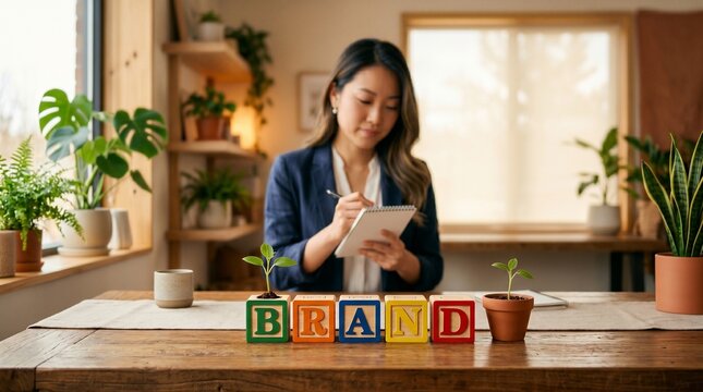 Woman assembles a block reading BREAD while sitting at a table in a warm home with plants and natural light.