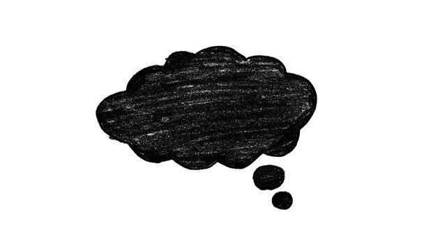 Black hand drawn thought bubble animation, scribble style cloud icon on white background, dream and idea concept, artistic motion graphic, isolated, 4k.

