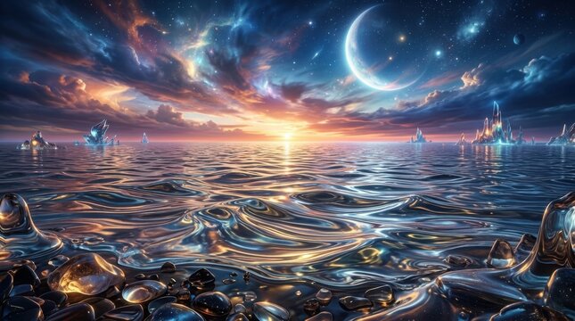 Vibrant ocean waves at sunset with colorful sky