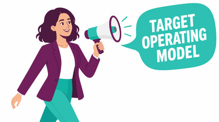 Naklejka premium Woman with megaphone announcing target operating model.
