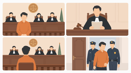 Fototapeta premium Set of storyboard illustrations with the theme of the criminal court decision hearing process when listening to the court decision