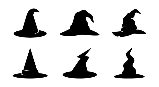 Witch Hats Collection, Spooky Halloween Icons, Magical Costume Accessories, Black Silhouette Vector Set