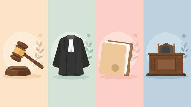 A collection set of wooden court gavels, a judge's black toga robe with a formal white tie, a legal case file folder, and a classic court altar table.