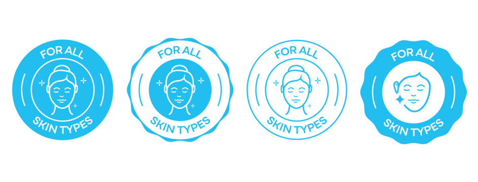 For All Skin Types Badge Vector Icon Set, Round Cosmetic Stamp and Packaging Label Design Elements featuring Female Face Line Art