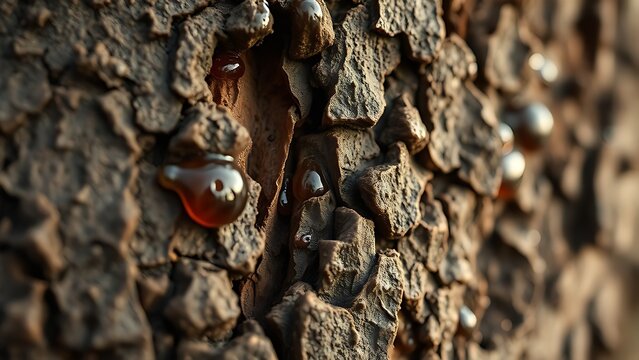 Rough tree bark with glistening dark amber resin droplets.