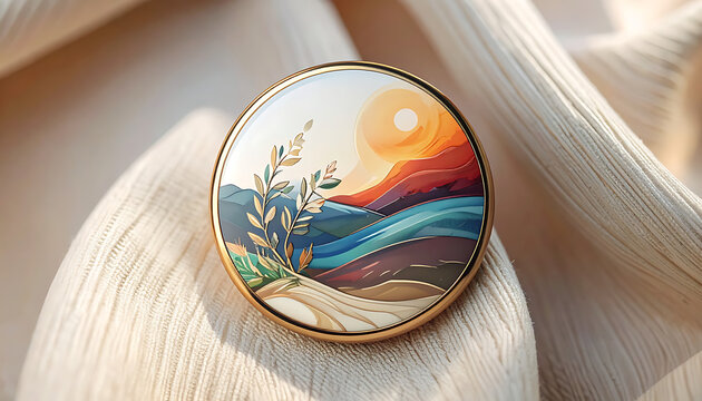 Round metal badge with pixel art landscape mountain scenery resting on soft cream fabric texture for fashion accessories