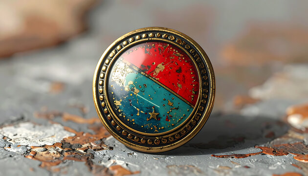 Round vintage gold button with red and teal enamel inlay and intricate border detailing on a weathered surface
