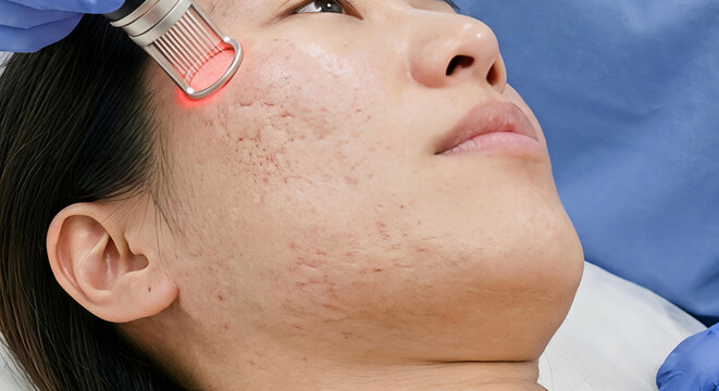 Side view of Asian woman receiving fractional RF microneedling laser treatment for acne scar removal at aesthetic clinic.