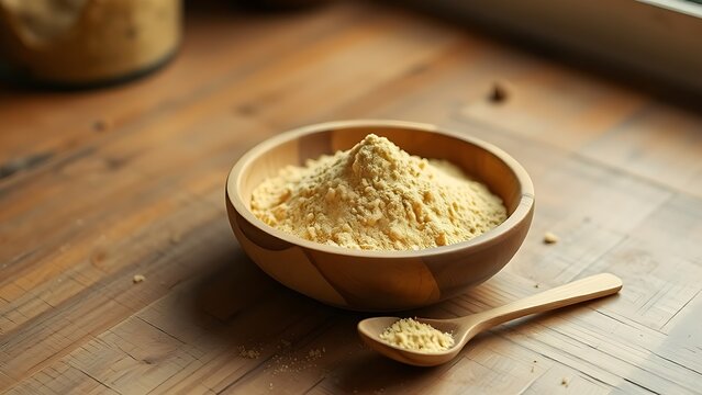 A shallow wooden bowl filled with fine pale yellow maca powder and a spoon.