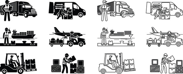 Obraz premium Transportation vehicles and workers vector icons