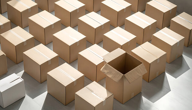 Rows of brown cardboard shipping boxes in a warehouse with one open package, logistics, delivery, supply chain management, distribution