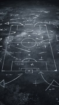 Overhead view of a strategic soccer game plan drawn with chalk on a blackboard featuring formations, arrows, and tactical markings in sports strategy session